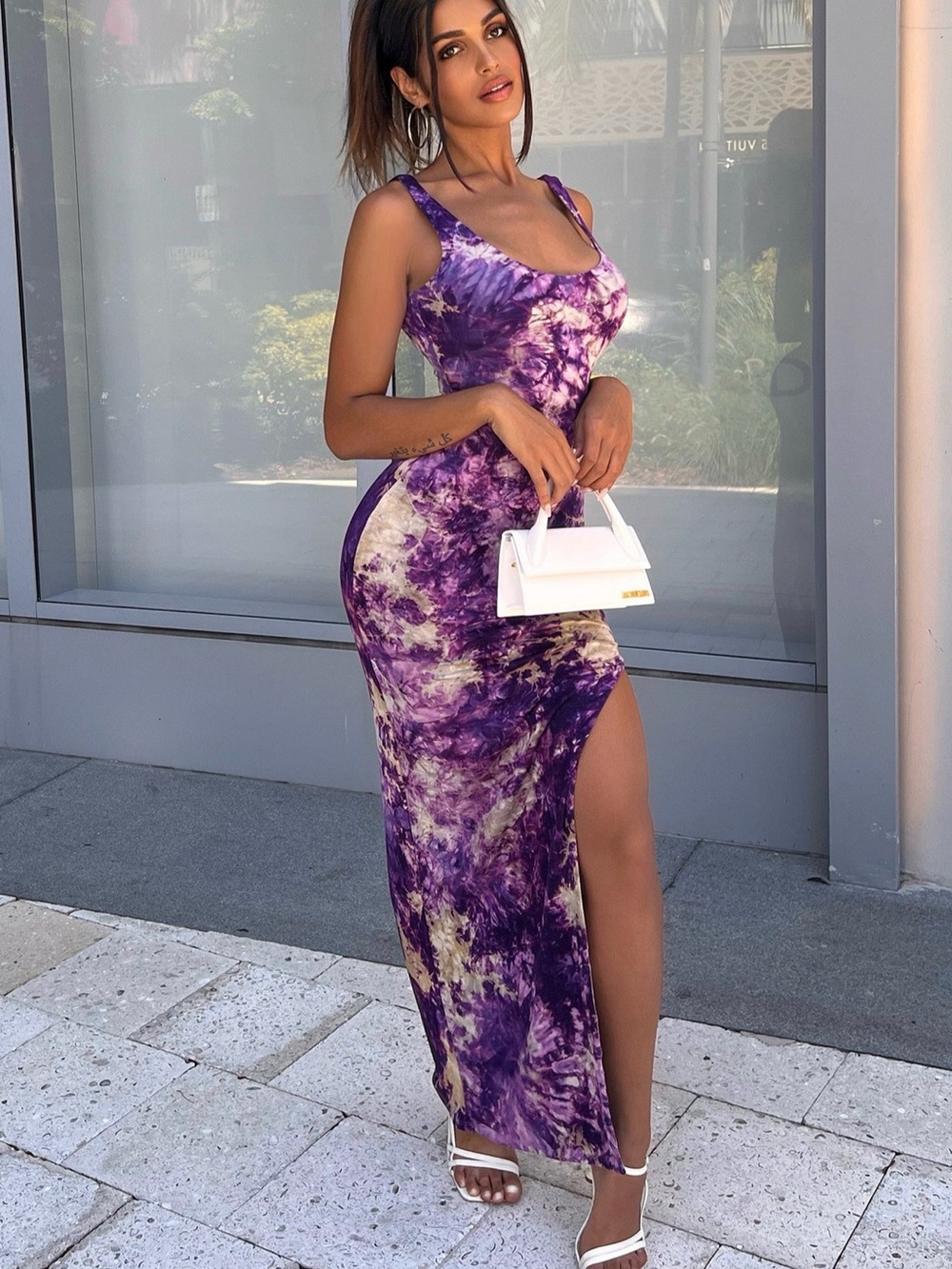 Purple Tie-Dye Sleeveless Maxi Dress with Side Slit